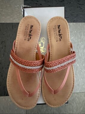 Coach and Four Rex Orange Braided Leather Thong Sandals with Rhinestone Trim